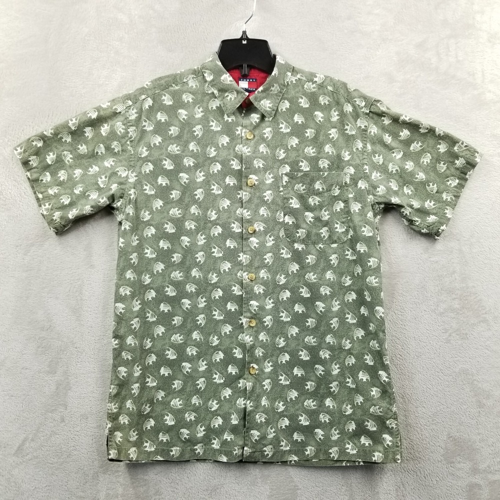 Vtg Tommy Hilfiger Shirt Men XL Green Cotton All Over Print‎ Fish Hawaiian Camp